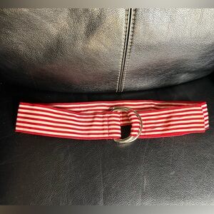 Waisted Red & White Striped Ribbon Belt with Silver-tone Hardware